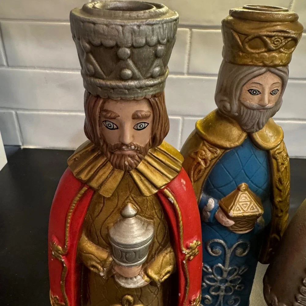 Three Wise Men Candle Holder Set Multicolor Painted Magi Decor Christmas